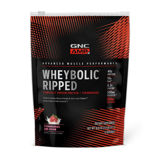 GNC AMP Wheybolic Ripped bottle shows strawberry cream flavor for easy daily use