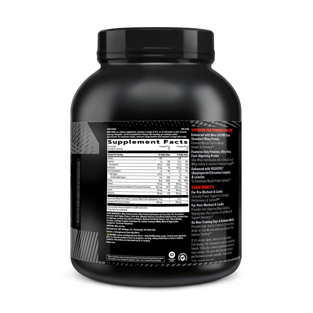 Scoop of Wheybolic powder highlighting fast-digesting protein blend for workouts.