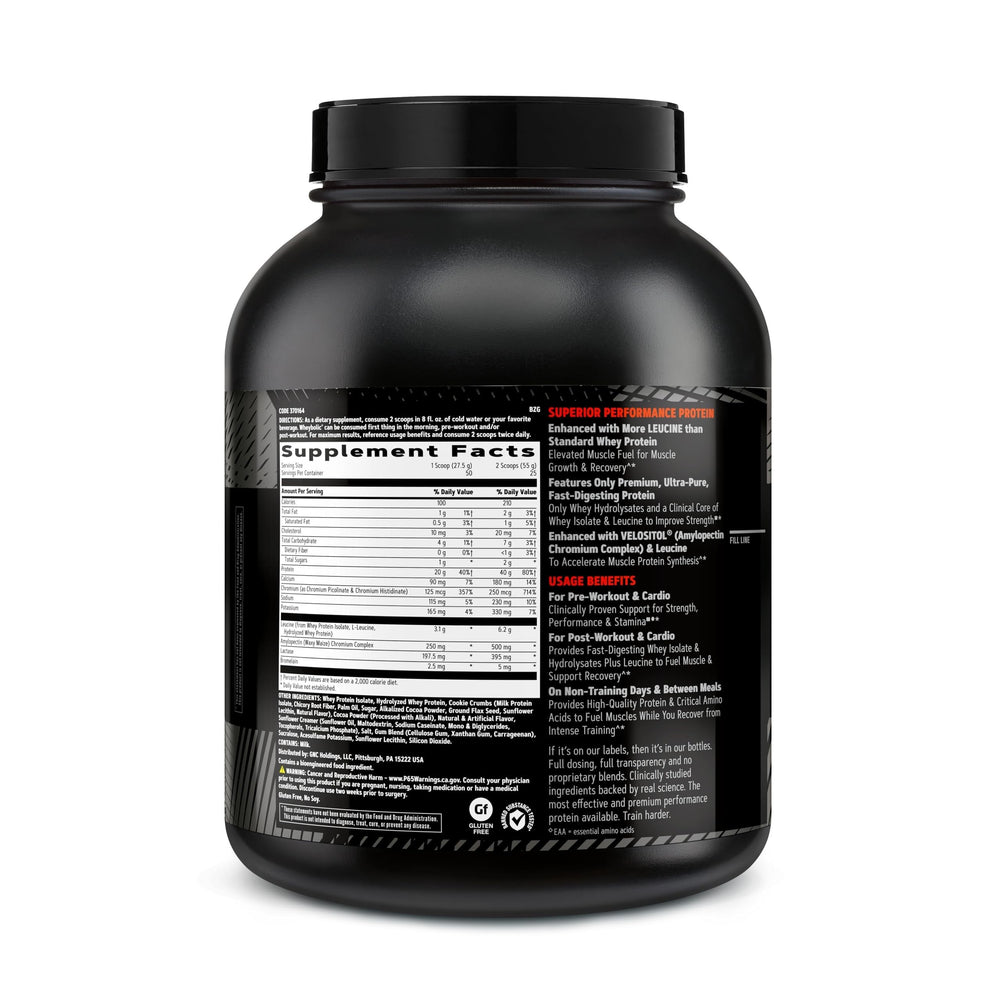 GNC AMP Wheybolic tub label closeup with BCAA and Velositol