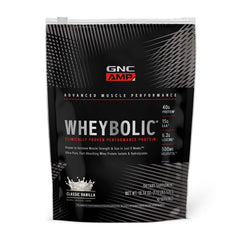 GNC AMP Wheybolic vanilla tub shows premium protein for post-workout recovery.