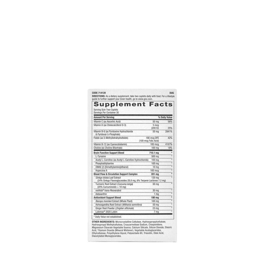 Close-up of GNC Brain Health Formula label showing key ingredients.