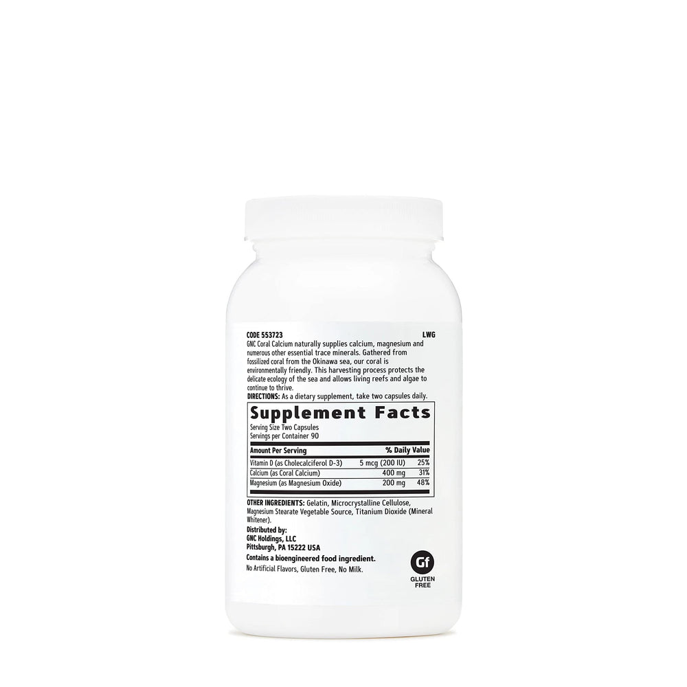 GNC Coral Calcium bone health visual pack emphasizes calcium and vitamin D-3 support.
