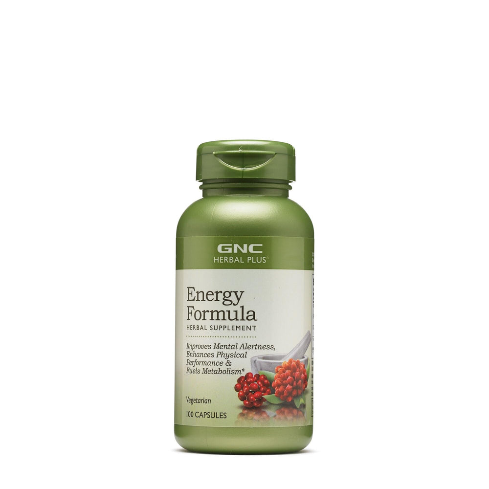 GNC Herbal Plus Energy Formula bottle close-up highlighting natural energy support for focus