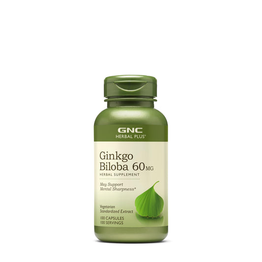 GNC Herbal Plus Ginkgo Biloba bottle highlights 60mg dose for focus support.