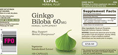 Product label on GNC Herbal Plus Ginkgo Biloba bottle communicates quality ingredients.