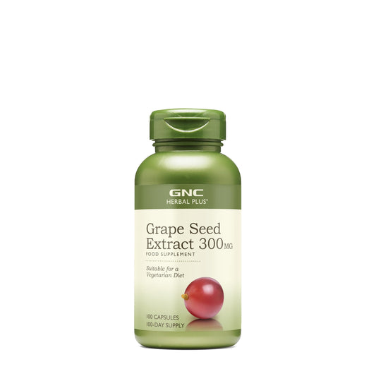 GNC Herbal Plus grape seed extract bottle showing vegetarian formula and 300mg per serving