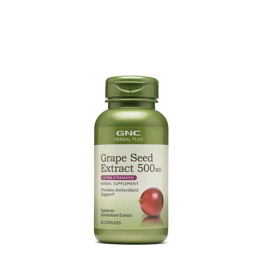 GNC Herbal Plus grape seed extract bottle with capsules for antioxidant support.
