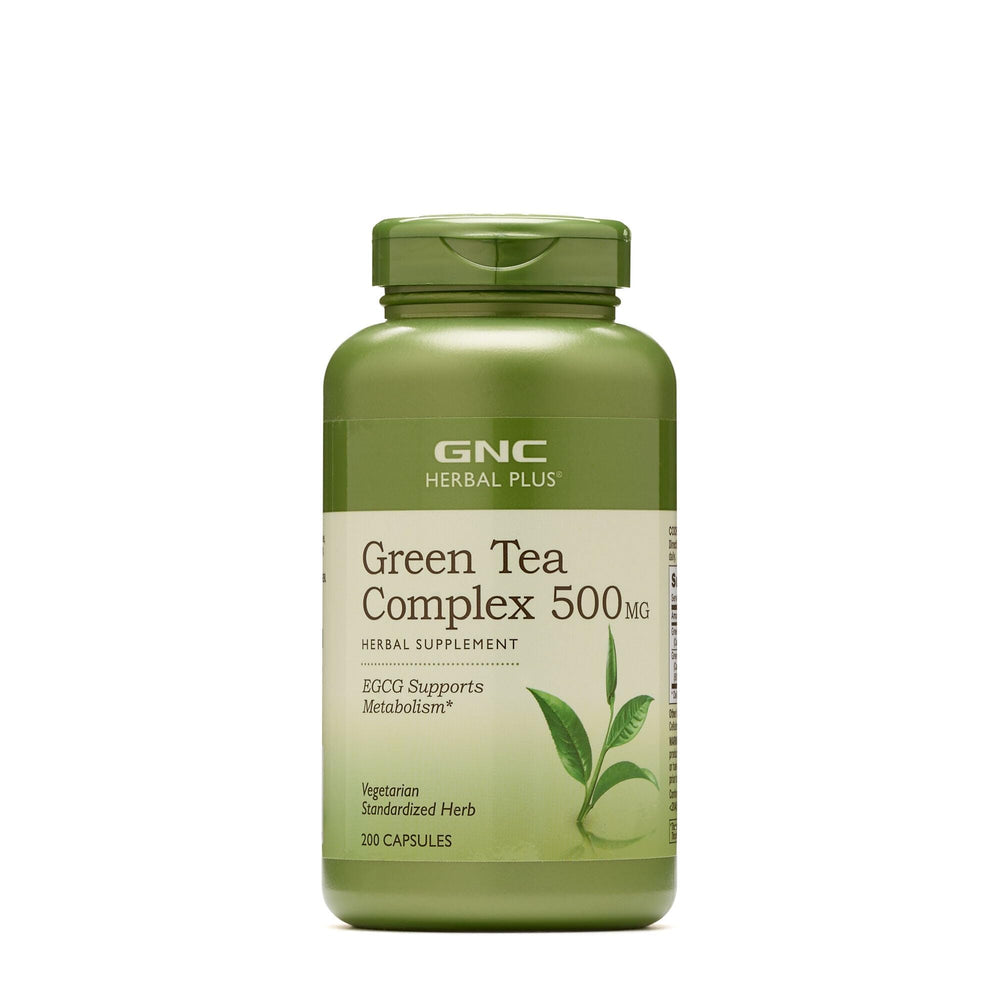 GNC Herbal Plus Green Tea Complex bottle with capsules for metabolism support.