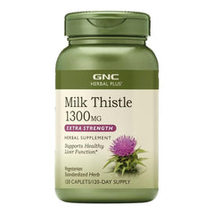 GNC Herbal Plus Milk Thistle 1300mg bottle supports liver health and daily wellness.