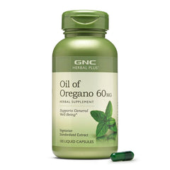 GNC Herbal Plus Oil of Oregano 60mg bottle showing the proprietary blend for daily wellness.
