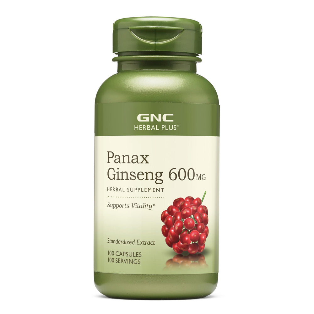GNC Herbal Plus Panax Ginseng 600mg bottle with capsules for daily vitality support