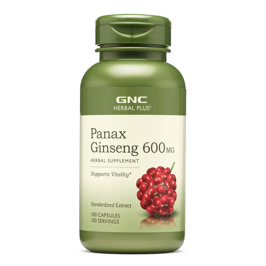 GNC Herbal Plus Panax Ginseng 600mg bottle with capsules for daily vitality support