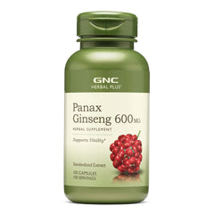 GNC Herbal Plus Panax Ginseng 600mg bottle with capsules for daily vitality support