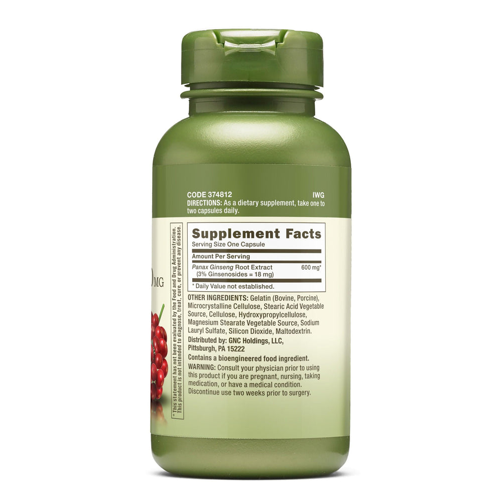GNC Panax Ginseng 600mg capsules closeup highlighting standardized extract for adaptogenic support