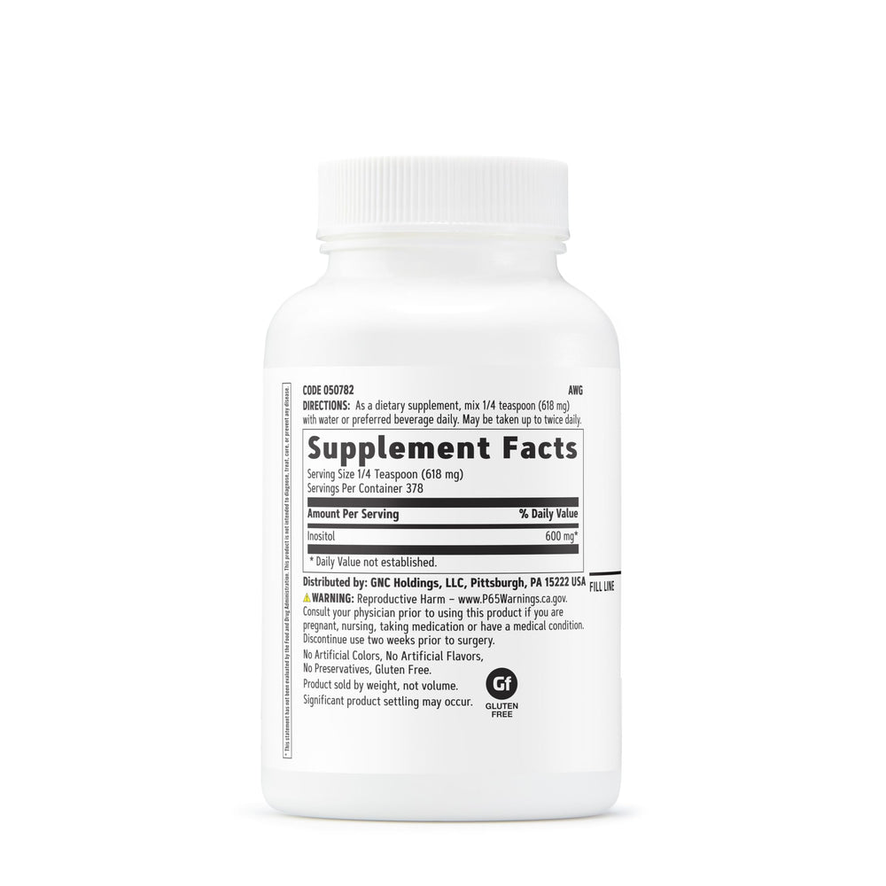 GNC Inositol Powder 600mg tub showing 378 servings for long-term use.