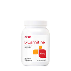 GNC L-Carnitine 500mg bottle front with capsules for on-the-go support