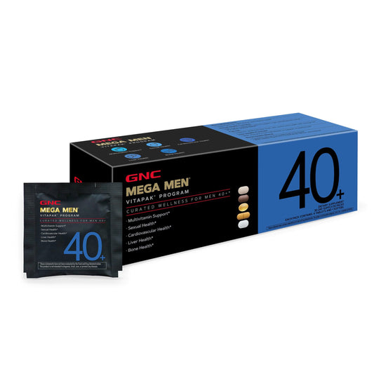 GNC Mega Men 40+ bottle front view highlighting energy support.