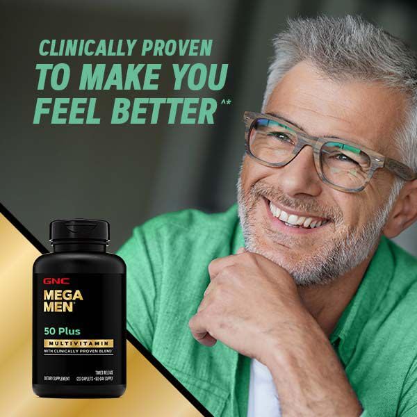 GNC Mega Men 50 Plus vitamins array suggesting comprehensive coverage