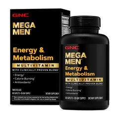 GNC Mega Men Energy and Metabolism bottle front view highlighting daily energy support
