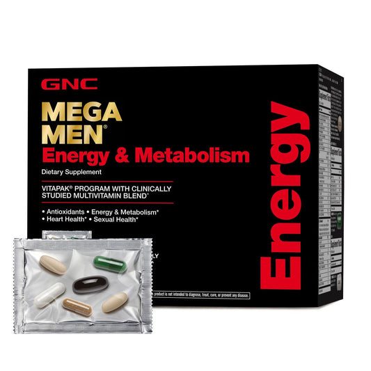 GNC Mega Men Energy and Metabolism Packet provides daily energy support.