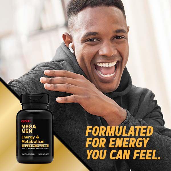 GNC Mega Men Energy Metabolism prostate health visual supporting well-being.