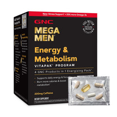 GNC Mega Men Energy & Metabolism Vitapak bottle for daily energy and metabolism support.
