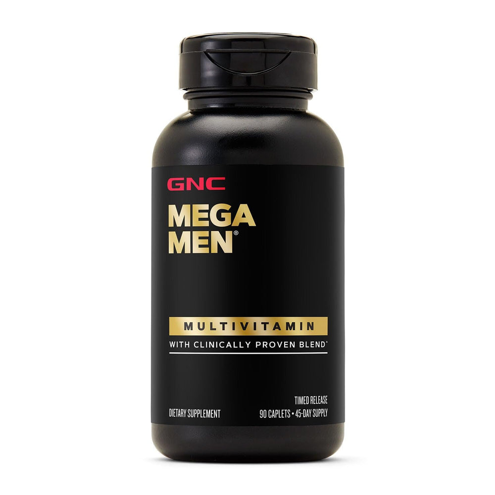 GNC Mega Men label close-up showcasing vitamin D-3 and B vitamins.