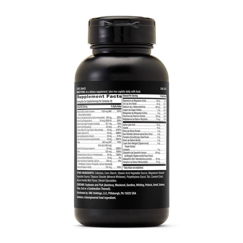 GNC Mega Men product display highlighting 90 caplets for ongoing daily use.