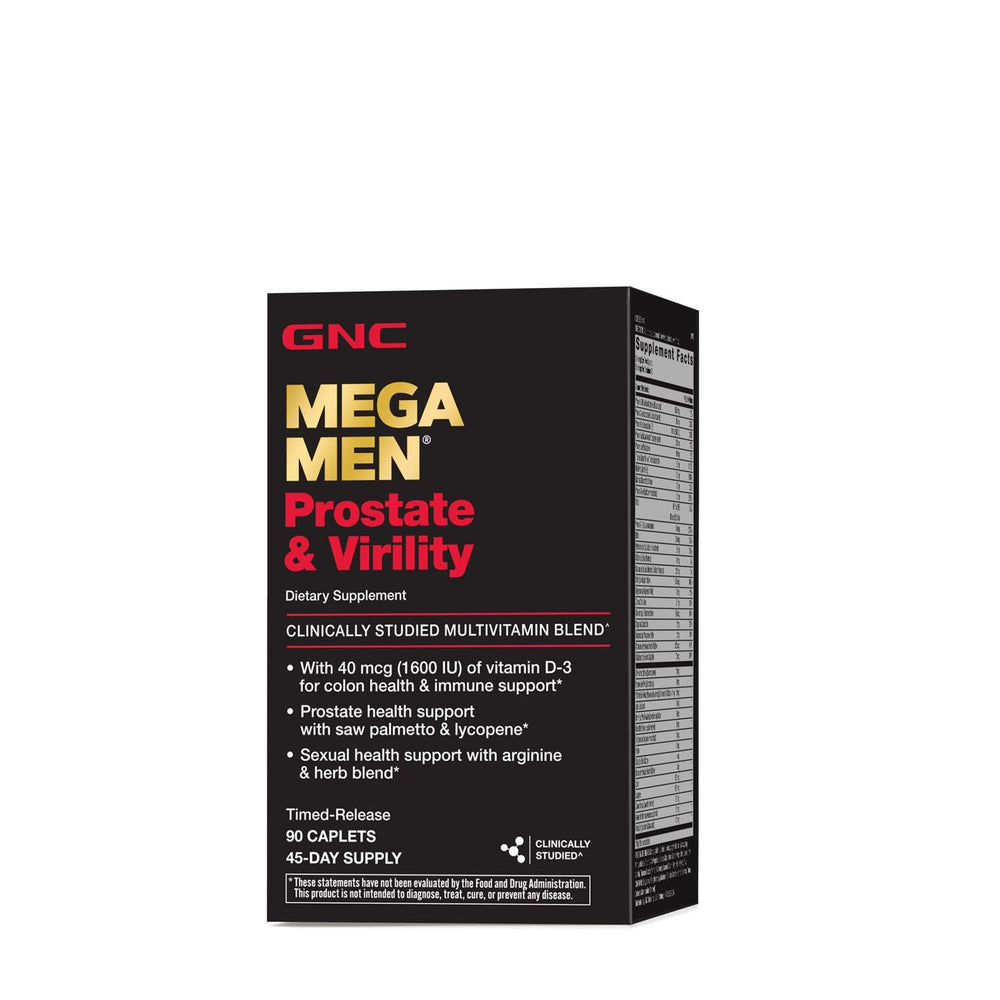 GNC Mega Men Prostate and Virility bottle front showing packaging for convenient daily supplementation.