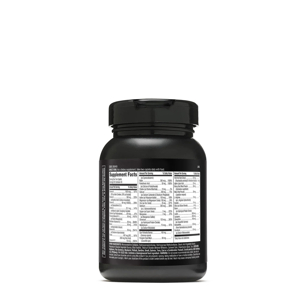 GNC Mega Men Prostate and Virility tablets closeup highlighting caplets for daily wellness.
