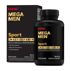 GNC Mega Men Sport bottle front highlights a compact multivitamin for active lifestyles.