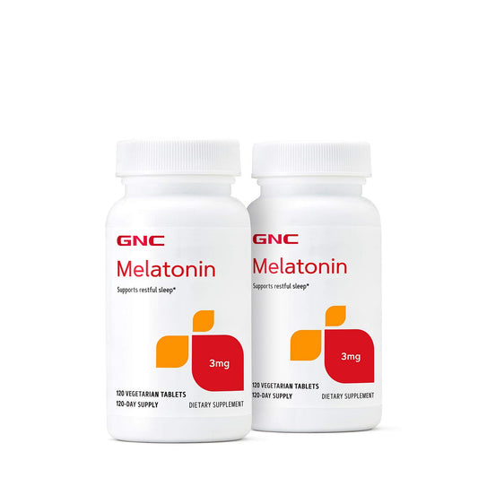GNC Melatonin 3mg bottle on nightstand for restful nights