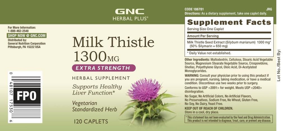 GNC Milk Thistle 1300mg caplets being poured, suggesting simple one a day dosing.