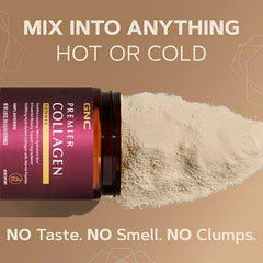 GNC Premier Collagen Powder dissolving in a glass of water.