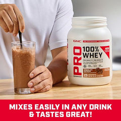 GNC Pro Performance 100% Whey Chocolate seal of banned-substance testing.