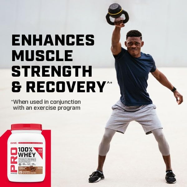 GNC Pro Performance 100% Whey Chocolate container shows all-natural colors and flavors.