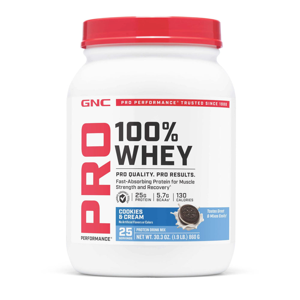 GNC Pro Performance 100% Whey powder pour shows fast-absorbing protein boost