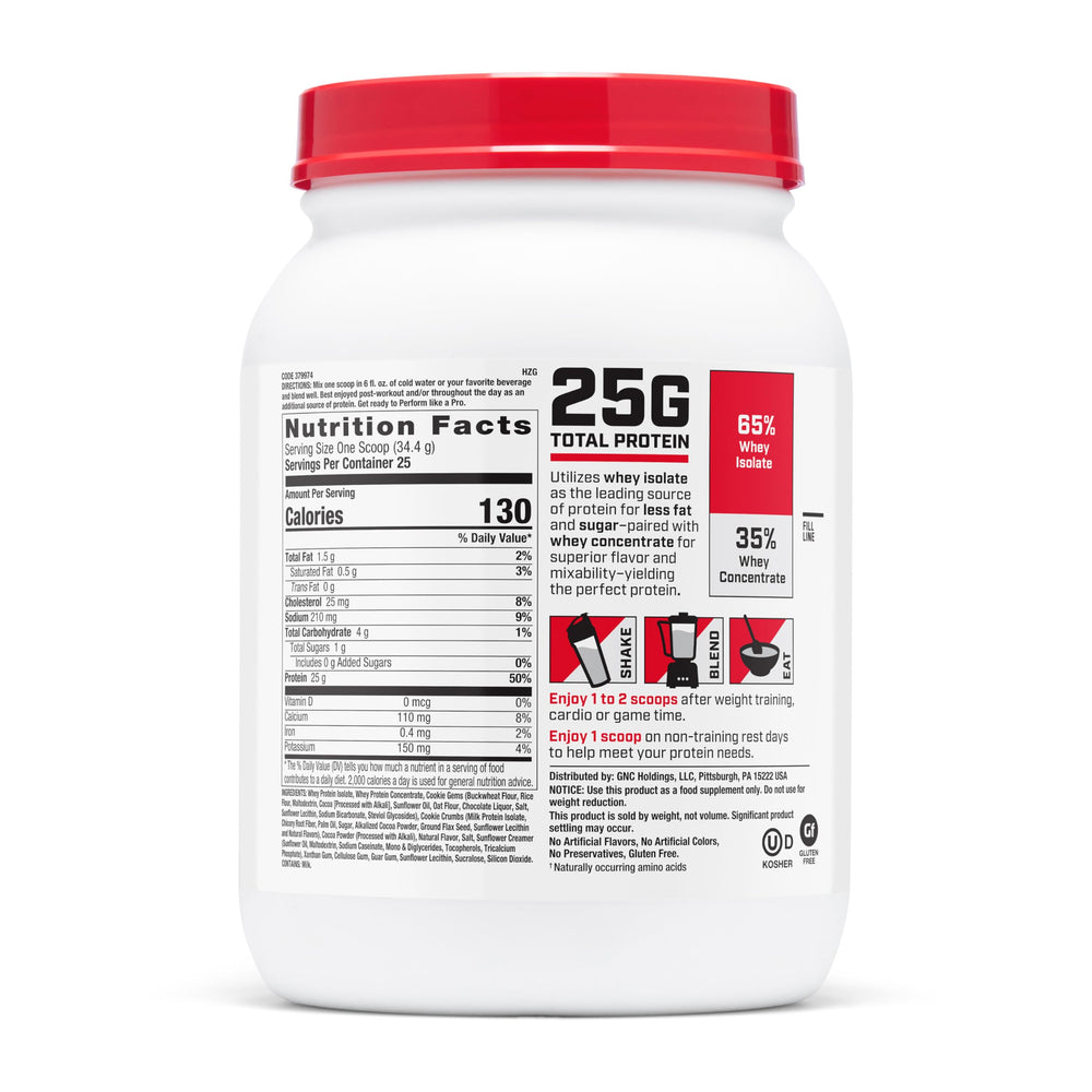 Close-up of GNC Pro Performance tub label highlighting gluten-free formula