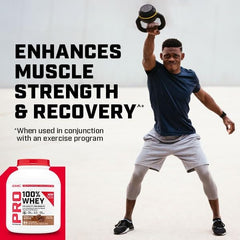 GNC Whey Strawberry powder in glass for creamy post-exercise shakes.