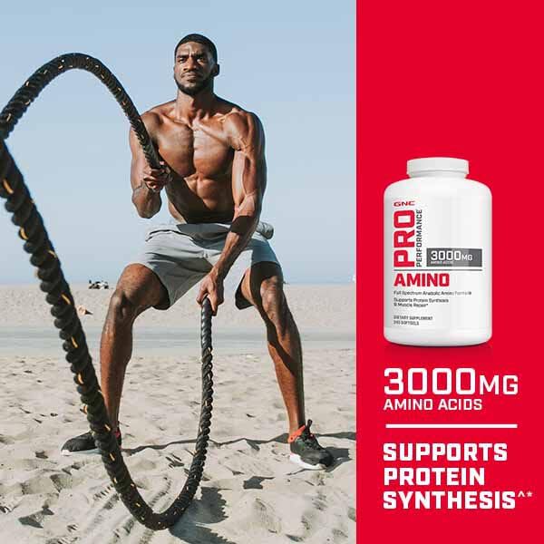 GNC Pro Performance Amino 3000 softgels closeup for daily protein building