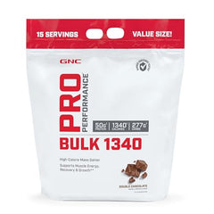 GNC Pro Performance Bulk 1340 tub label showing high-calorie mass gainer packaging