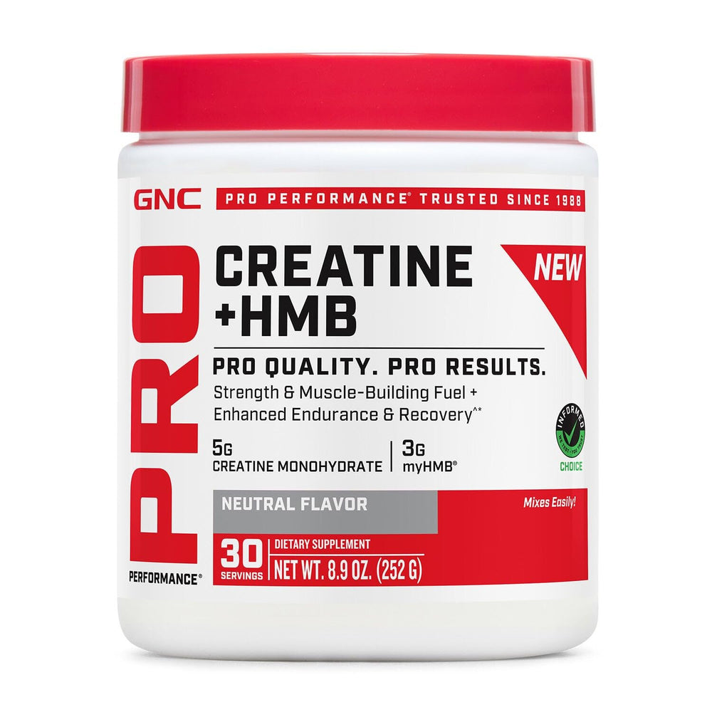 GNC Pro Performance Creatine Monohydrate + HMB bottle showing strength support for workouts