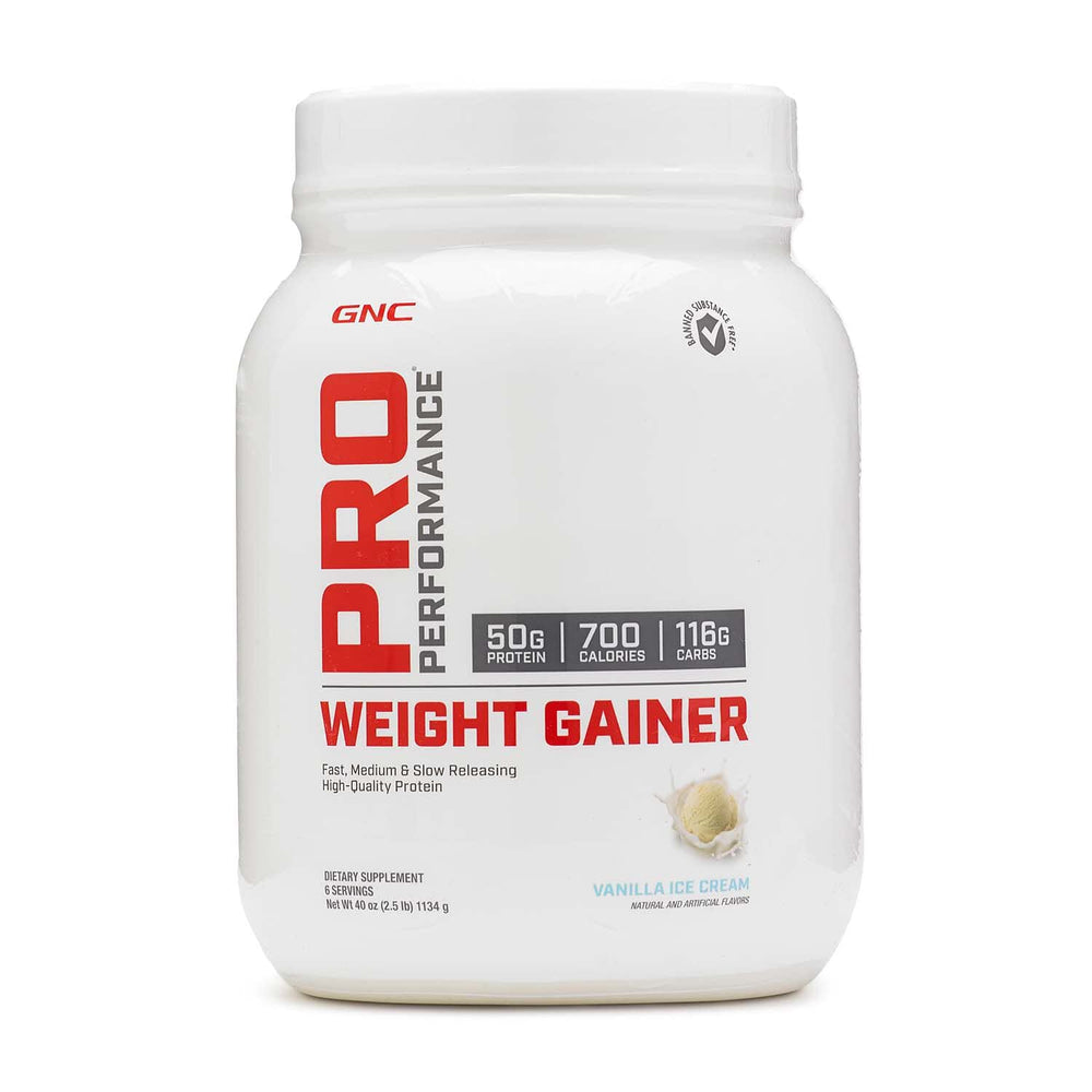GNC Pro Performance Weight Gainer Double Chocolate bottle highlighting high-calorie formula