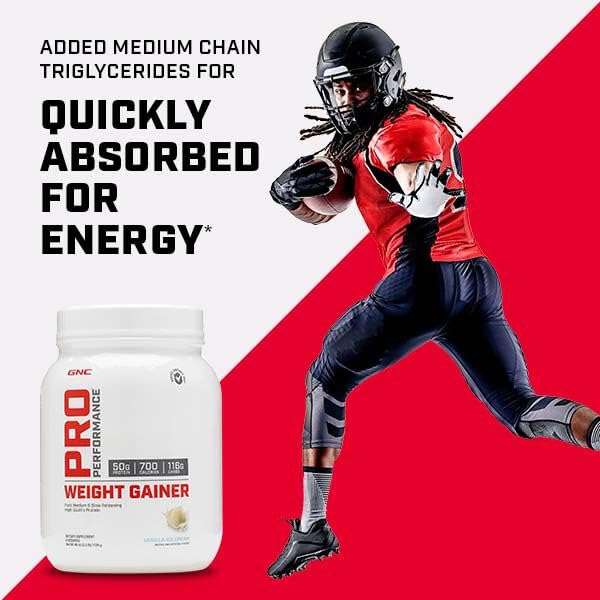 GNC Pro Performance Weight Gainer packaging displayed on a shelf for easy selection.