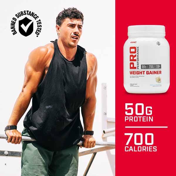 GNC Pro Performance Weight Gainer scoop ready for accurate measuring of servings.
