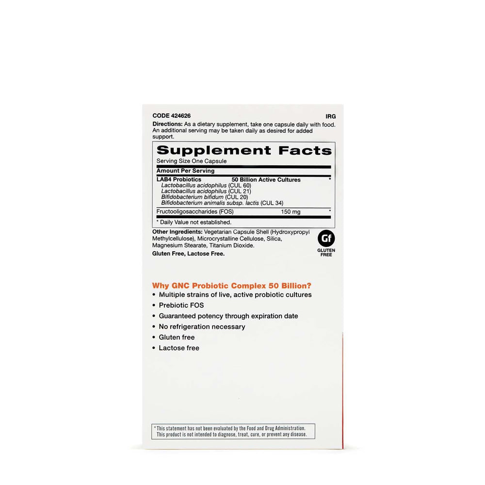 Capsules from GNC Probiotic Complex Daily Need highlighting multi-strain formula for immune support.