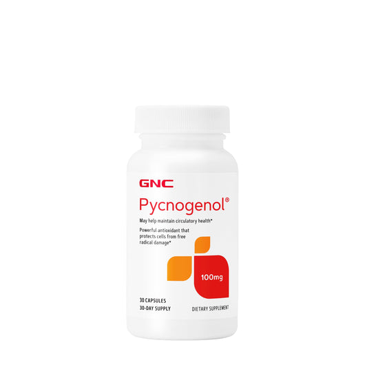 GNC Pycnogenol 100mg bottle with capsules for daily circulatory support.