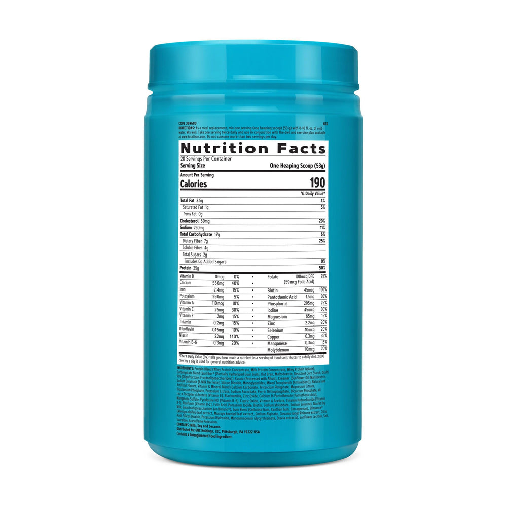 GNC Total Lean powder being poured, chocolate peanut butter flavor offers protein and fiber