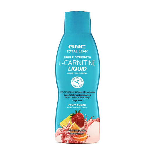 GNC Total Lean L-Carnitine Liquid bottle being poured to support fat metabolism.