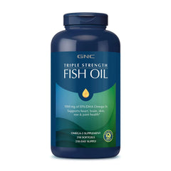 GNC Triple Strength Fish Oil bottle label highlights 1000 mg EPA and DHA